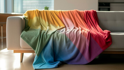 Cotton rainbow blanket casually draped over the back of a couch.