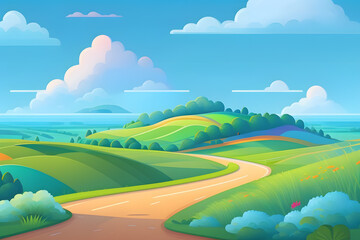 Obraz na płótnie Canvas Summer fields with Road hills landscape green grass blue sky with clouds cartoon style painting illustration created with Generative AI technology
