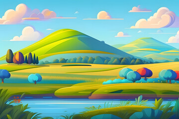 Summer fields with ponds landscape green grass blue sky with clouds cartoon style  painting illustration created with Generative AI technology