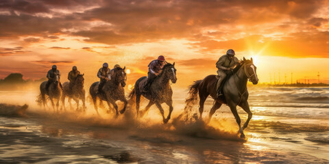 Horse race on the seashore at sunset. Generative AI