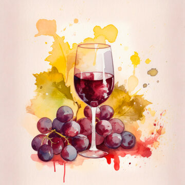 composition of a glass of wine and a grapevine, painted in watercolor. For wine or grape juice label. Generative AI.