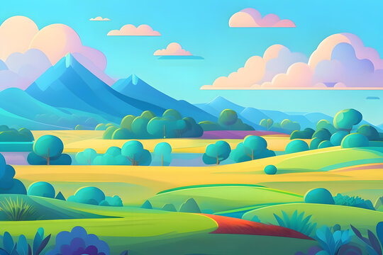 Summer fields with landscape green grass blue sky with clouds cartoon style  painting illustration created with Generative AI technology