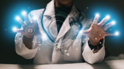 Medicine doctor working with modern computer interface as medical network concept.