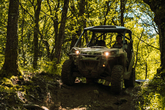 Young man driving off road vehicle in forest