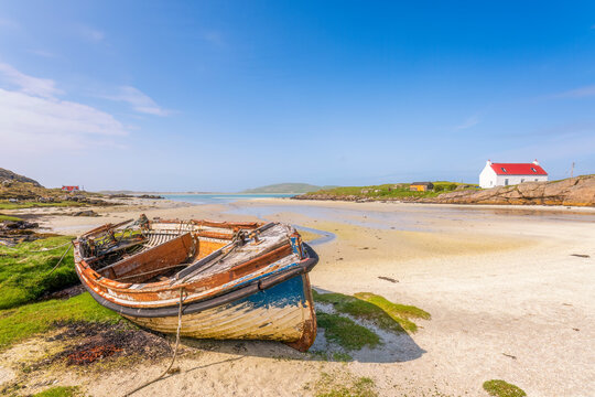 UK, Scotland, Ardmhor, Old rowboat lying on beach