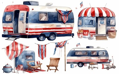 Watercolor Illustration of a Camper for 4th of July Clipart. Generative AI