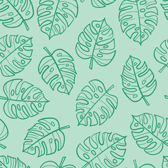 Green tropical monstera leaves seamless vector repeat pattern