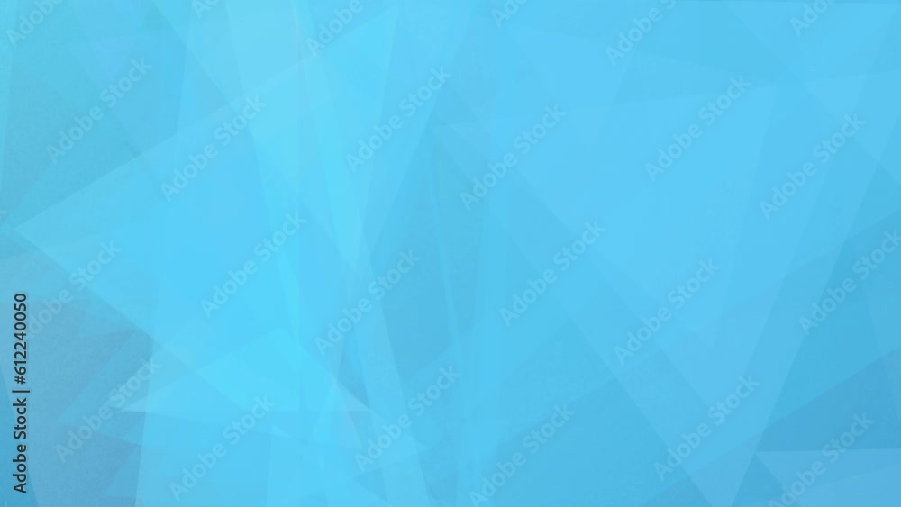 Poster abstract blue background with moving and changing geometric shapes, mostly triangles