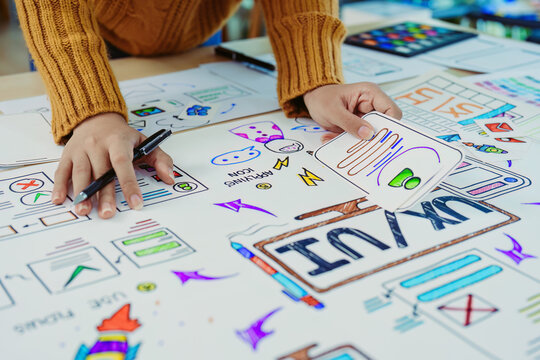 Team of Creative Web, Graphic Designer planning for mobile phone, drawing website ux ui app for mobile phone application and development template layout, process to developing prototype wireframe.