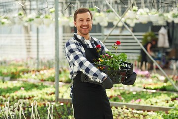 Black uniform, holding flowers. Man is working in garden center. Successful employee is in a bright greenhouse