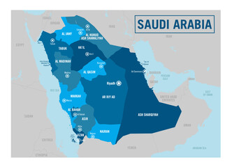 Saudi Arabia country political map.  Detailed vector illustration with isolated provinces, departments, regions, cities, islands and states easy to ungroup.