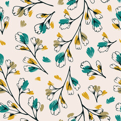 Seamless pattern, background, texture print with light hand drawn blue and yellow color leaves. Abstract textile fabric, wrapping paper 