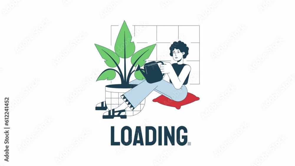 Poster watering plant loader animation. gardening houseplant hobby. flash message 4k video footage. isolate