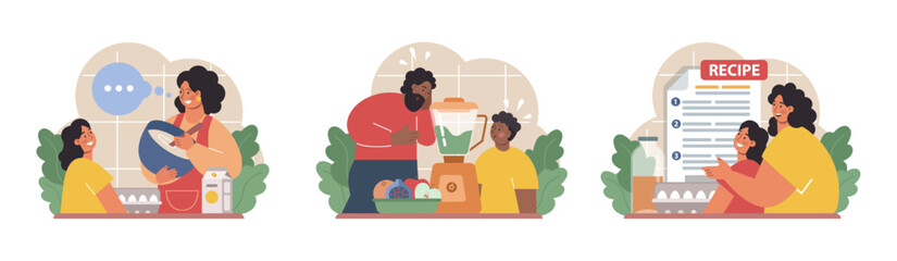 Parents teaching their child how to cook set. Family making food
