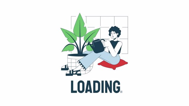 Watering plant loader animation. Gardening houseplant hobby. Flash message 4K video footage. Isolated outline colour loading animation with alpha channel transparency for UI, UX web design