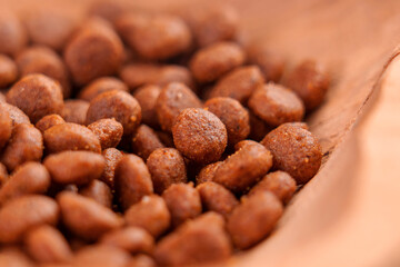 Pieces of nutritious cat dry food in a wooden bowl