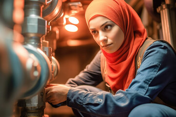 Fototapeta na wymiar A young female muslim plumber working to fix a problem in a house. Generative AI. 