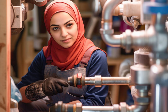 A young female muslim plumber working to fix a problem in a house. Generative AI. 