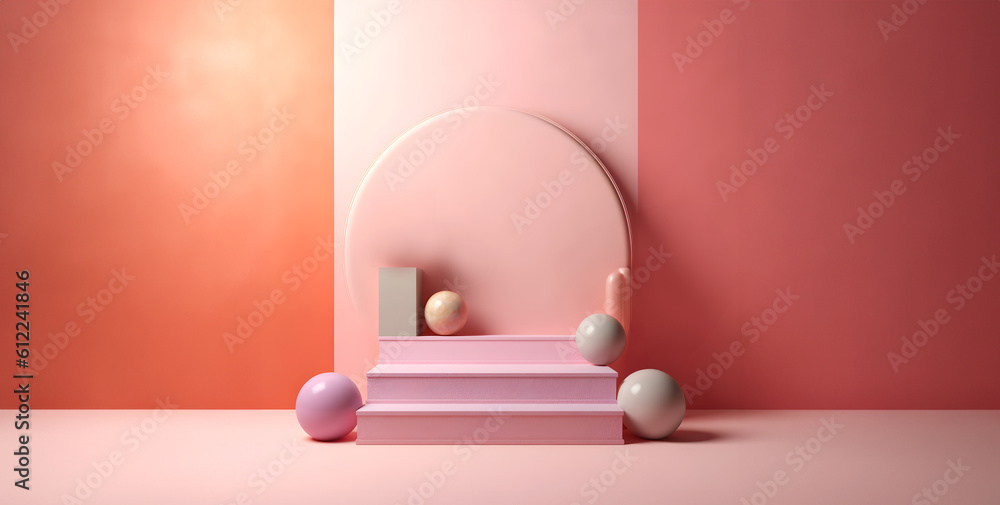 Poster abstract minimal concept. pastel multi colour background with podium stage, abstract geometric lands