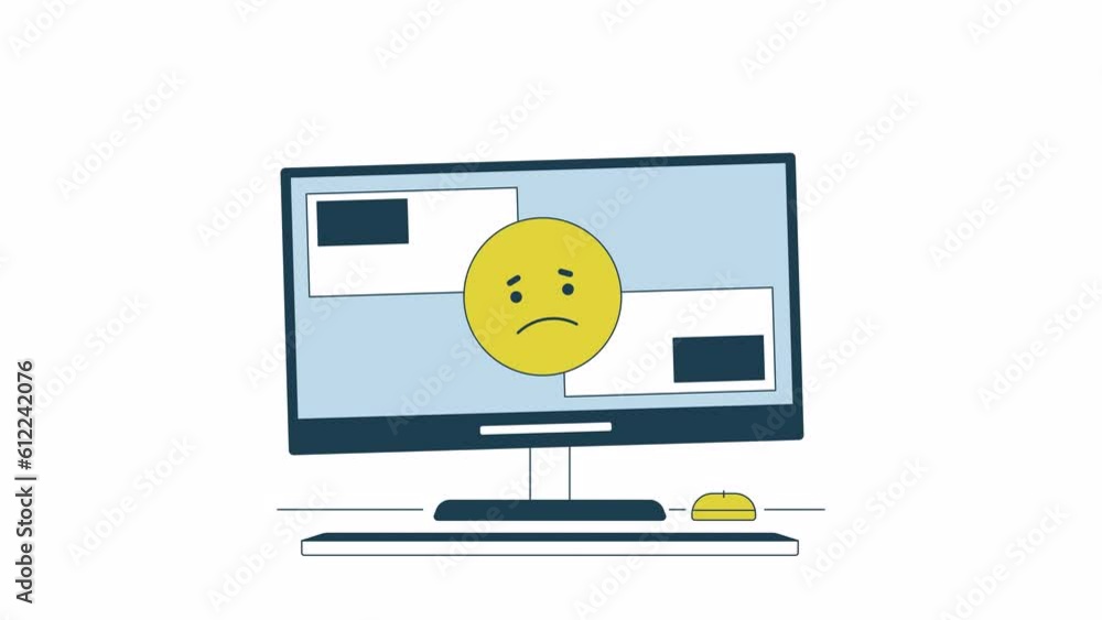 Poster computer problem animation. animated sad emoticon on cracked display 2d cartoon flat colour line obj
