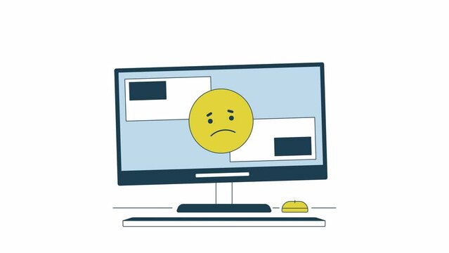 Computer problem animation. Animated sad emoticon on cracked display 2D cartoon flat colour line object. Equipment 4K video concept footage on white with alpha channel transparency for web design