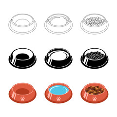 Bowl of food for feed dog and cat pet in doodle, simple, flat style, vector illustration. Animal bowl icon, food and water dish. Set of isolated elements on a white background for print and design