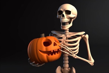 Skeleton holding a Halloween pumpkin, Generative AI