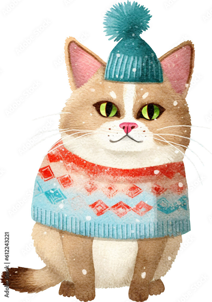 Poster quirky christmas cat character illustration created with generative ai technology