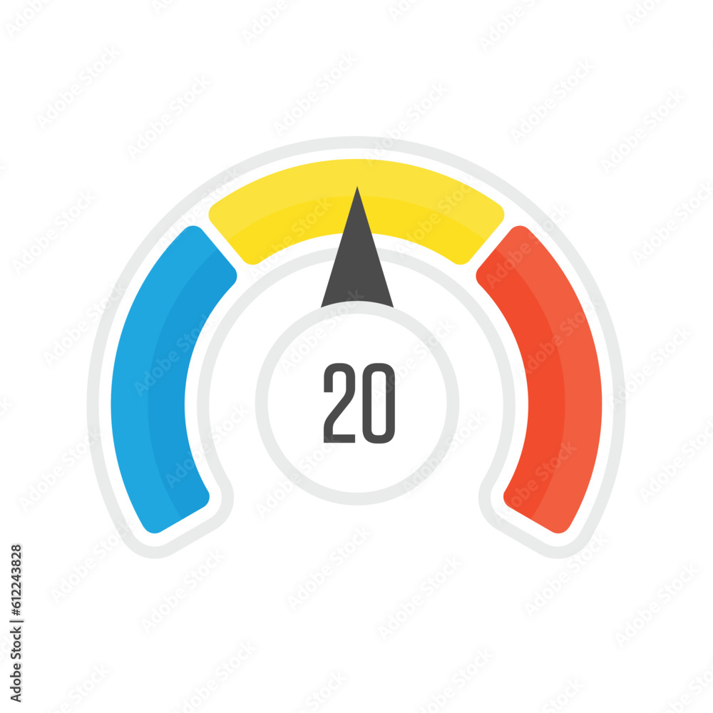 Poster round temperature gauge, isolated on white background. colored measuring semicircle scale in flat st