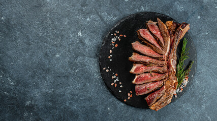 grilled marbled beef steak striploin with spices. Long banner format. top view