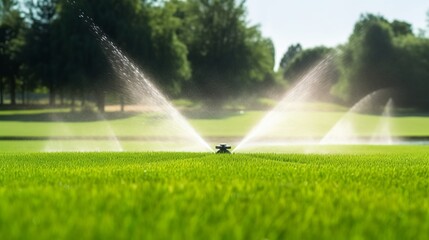Irrigation System Sprinkler on Golf Course. Generative AI.	