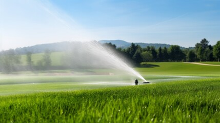 Irrigation System Sprinkler on Golf Course. Generative AI.