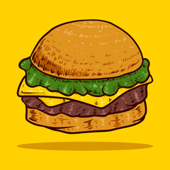 burger food illustration with yellow background