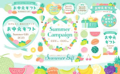 Fototapeta premium ポップで可愛い夏のフルーツ・くだもののイラストとプレゼント・リボンのデザインフレームセットベクター素材_水色・ブルー