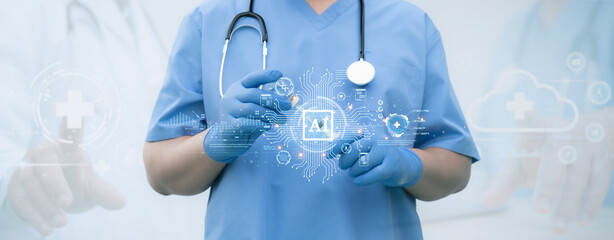 Medical worker touch virtual medical revolution and advance of technology Artificial Intelligence,AI Deep Learning for medical research,Transformation of innovation and technology for future Health