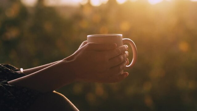 Close-up female hands holding a white ceramic cup of hot coffee or tea to drink at sunrise outdoors. Steam above the mug on blurred nature background. Peaceful morning concept.