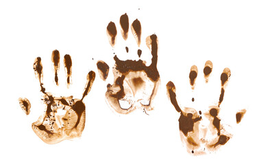 Set hand print in wet mud isolated on white with clipping path