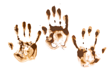 Set hand print in wet mud isolated on white with clipping path