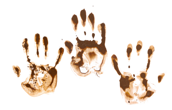 Set hand print in wet mud isolated on white with clipping path