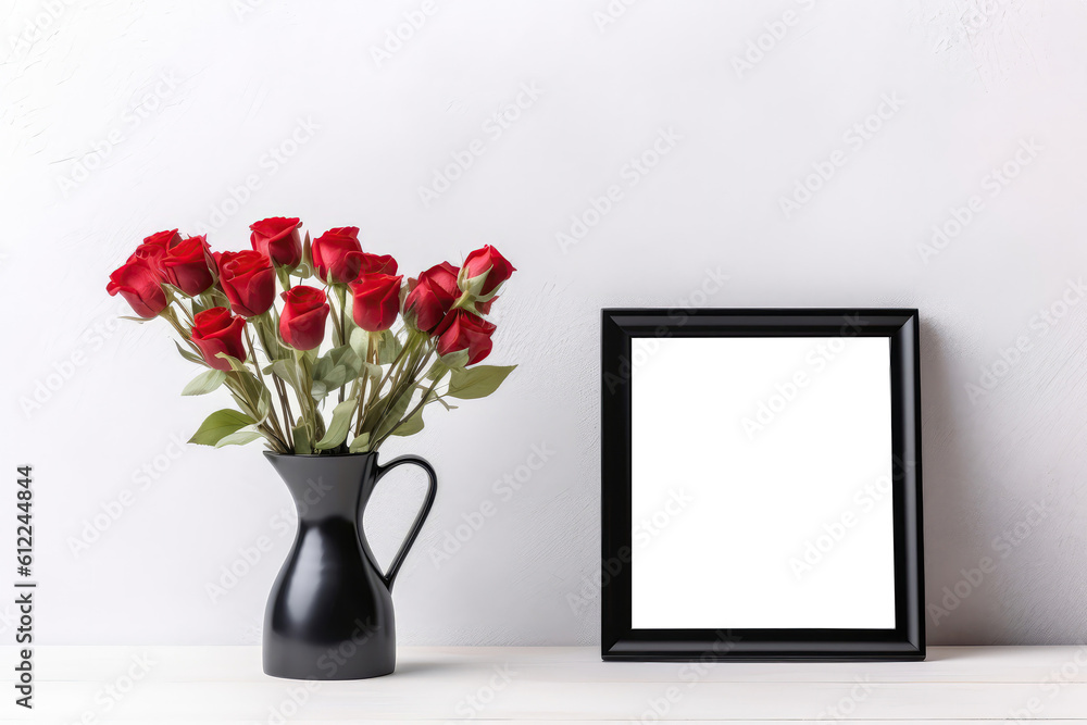 Poster empty black frame with red roses in vase. generative ai