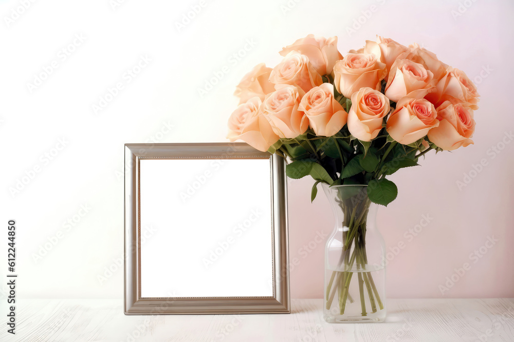 Poster empty peach color frame with red roses in vase. blank png frame. generative ai