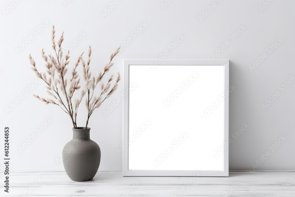 Poster blank frame with spring bouquet with willow in pot. empty png frame. generative ai