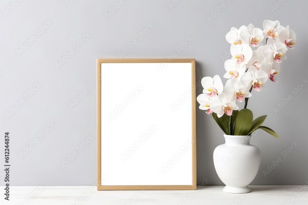 Poster blank frame with orchids in vase. empty png frame. generative ai