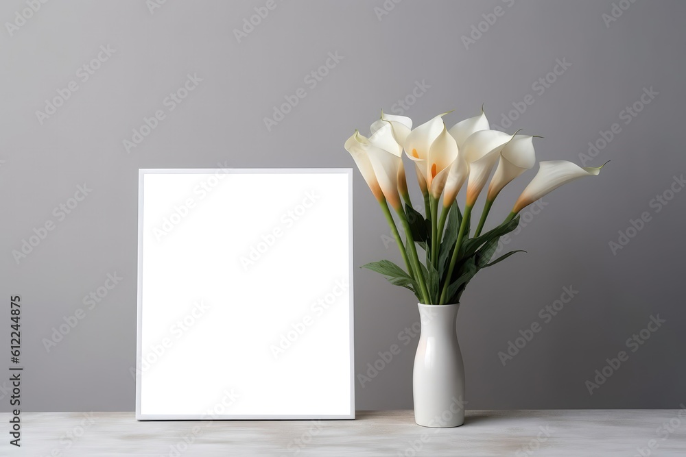 Poster blank frame with calla lilies in vase. empty png frame. generative ai