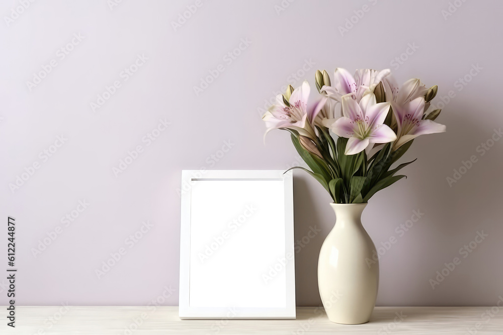 Poster blank frame withlstroemerias in vase. empty png frame. generative ai