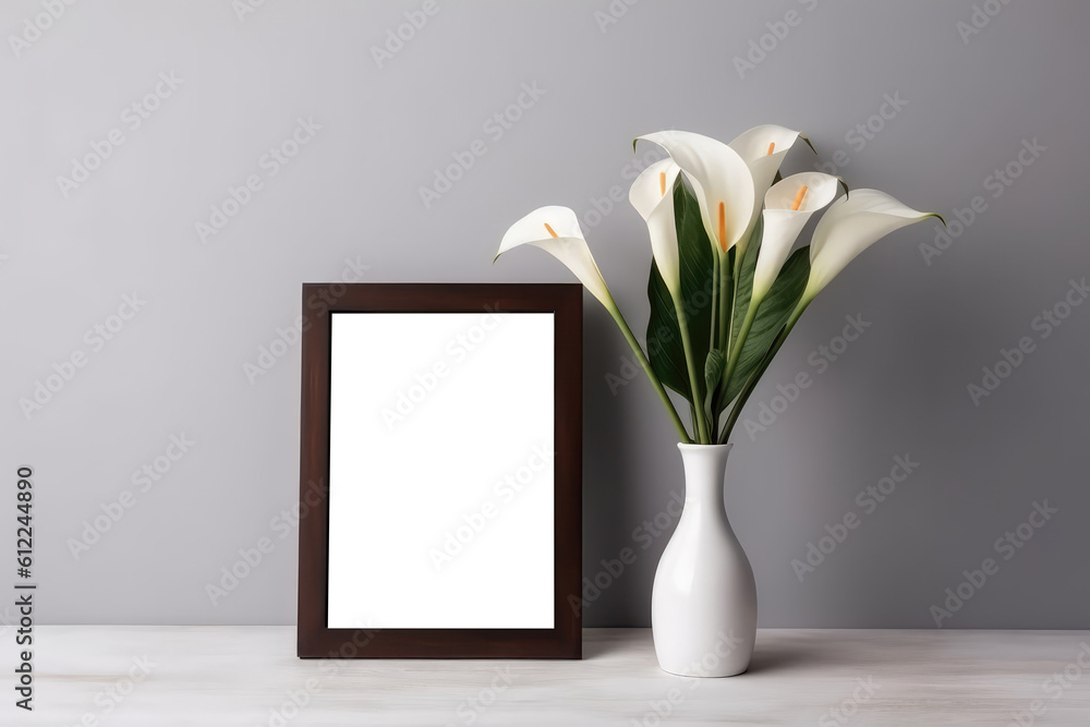 Poster blank frame with calla lilies in vase. empty png frame. generative ai
