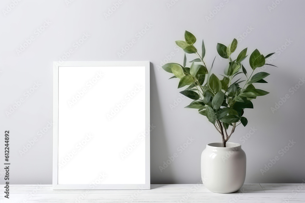 Poster blank frame with pothos in pot. empty png frame. generative ai