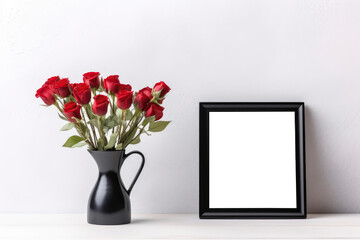 Empty Black Frame With Red Roses In Vase. Generative AI