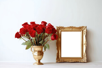 Empty Gold Frame With Red Roses In Vase. Blank Png Frame. Generative AI