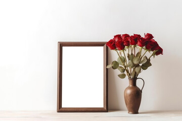 Empty Brown Frame With Red Roses In Vase. Blank Png Frame. Generative AI